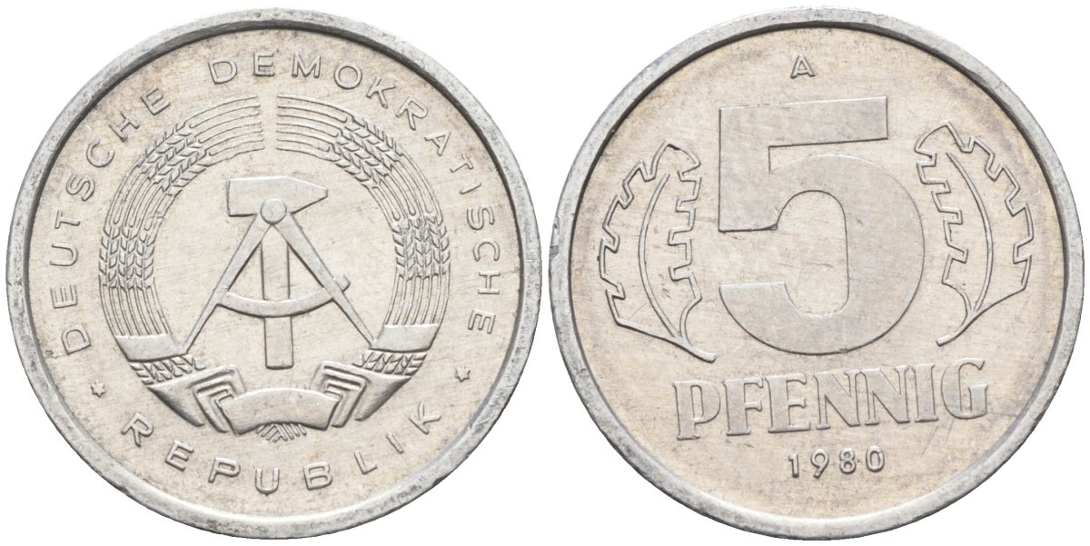 ГДР 5 пфеннигов 1980 А KM 9.2 алюминий 4585-837