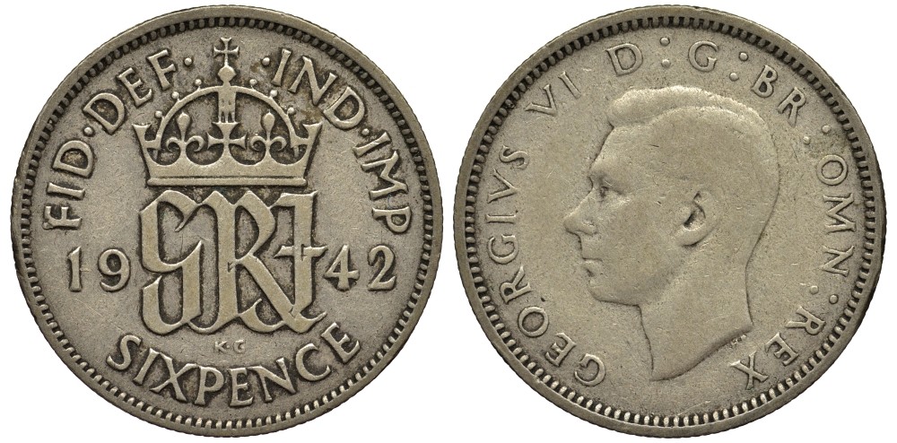 Великобритания 6 пенсов 1942 Георг VI (1936-1952) KM 852, Spink 4084 серебро 4538-512