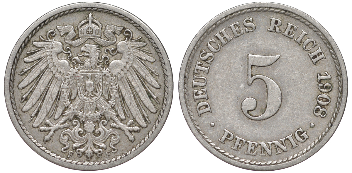 Германия 5 пфеннигов 1908 F KM 11, Jager 12, Weege 6 медно-никель 45-1132