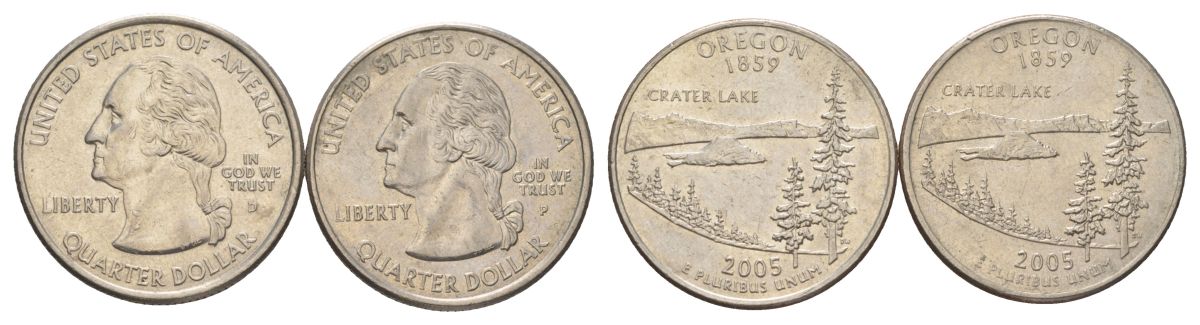 США набор обоих монетных дворов 25 центов (квотер, 1/4 доллара) 2005 D и P, Квотер штата Орегон KM 372 медь плакированный медно-никелем UNC 4628-1256-1257