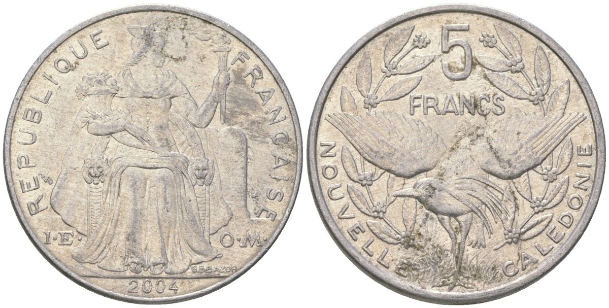 Французская Новая Каледония 5 франков 2004 птица кагу, (IEOM) KM 16, Schoen 12, Lec 81i алюминий 189-1221