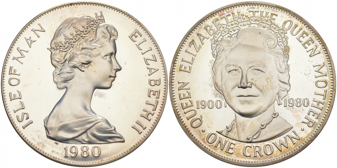 Остров Мэн 1 крона 1980 80 лет королеве Елизавете, королеве-матери KM 68b серебро PROOF 11-039-13
