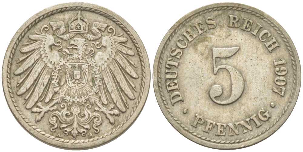 ГЕРМАНИЯ 5 ПФЕННИГОВ 1907 A KM 11, J. 12, Weege 6 медно-никель 206-949