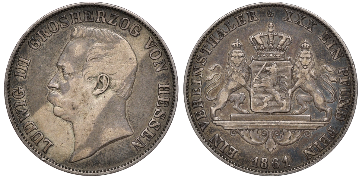 Гессен-Дармштадт 1 талер 1861 Людвиг III (1848-1877) KM 338, AKS 120, Dav. 707, Kahnt 266, Thun 200. серебро 00-000-00