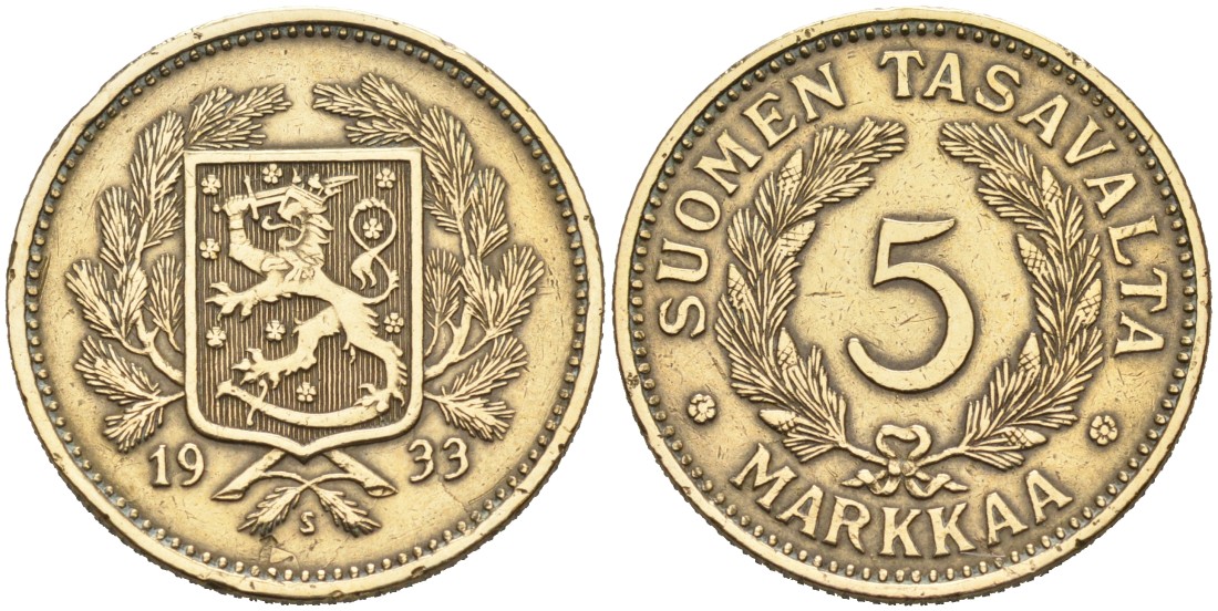 ФИНЛЯНДИЯ 5 МАРОК 1933 S KM 31 алюминиевая бронза 4563-346