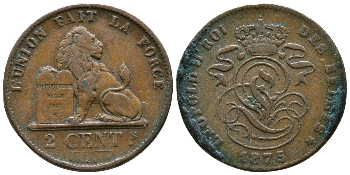 БЕЛЬГИЯ 2 САНТИМА 1875 BELGES KM 35.1 медь 4364-1353