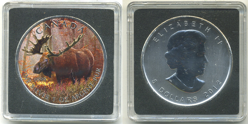Канада 5 долларов 2012 серия Животный мир Канады, лось, в оригинальной коробке с сертификатом тираж 5000 экз., цветная эмаль серебро UNC 5-5-1-12