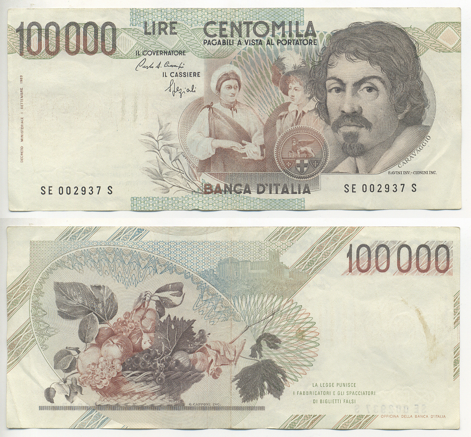 Италия 100000 лир 1983 Караваджо, фруктовый букет, подпись Stevani Pick 110а бумага 7220-8-2