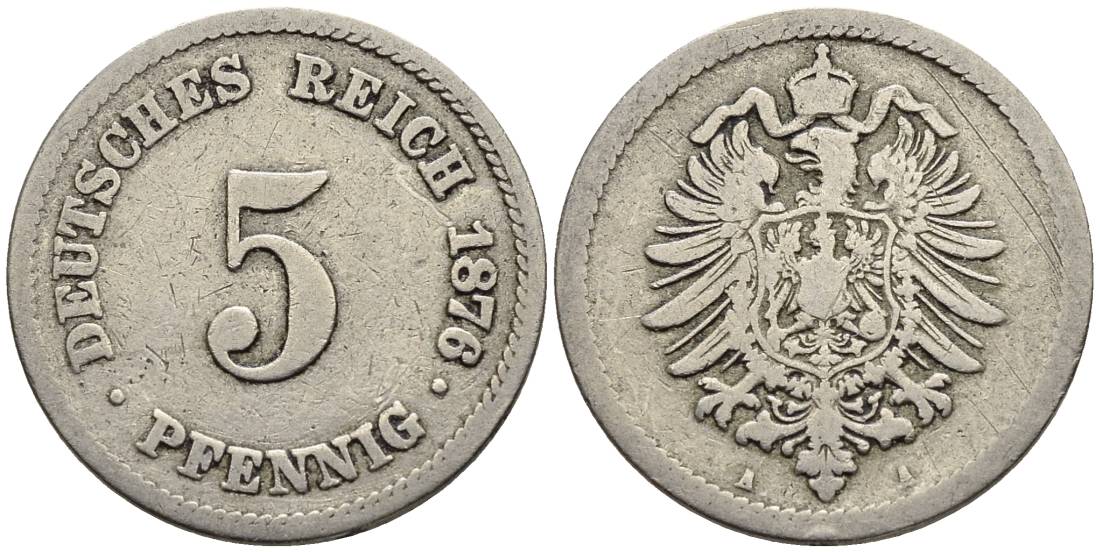 ГЕРМАНИЯ 5 ПФЕННИГОВ 1876 А, СТАРОГЕРБОВКА KM 3, Jager 3, Weege 5 медно-никель 4546-1037