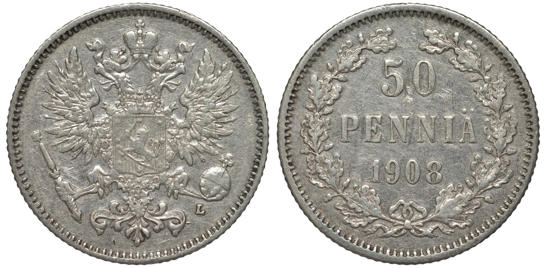 Россия для Финляндии 50 пенни 1908 L, Николай II (1894-1917) КМ 2.2, Биткин 403 серебро 75-837