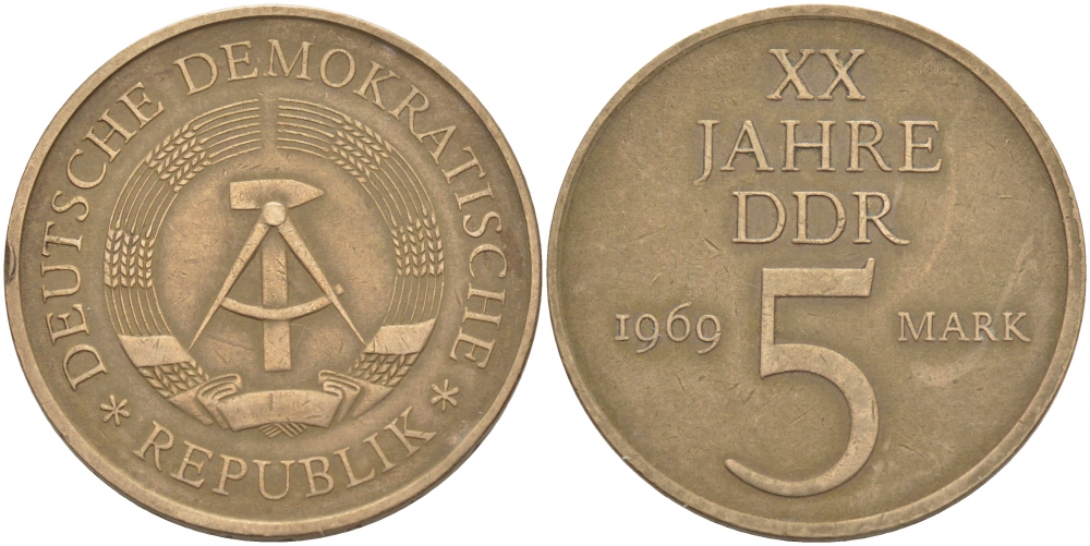 ГДР 5 марок 1969 А, 20 лет ГДР KM 22.1, J. 1524 никель бронза 109-626