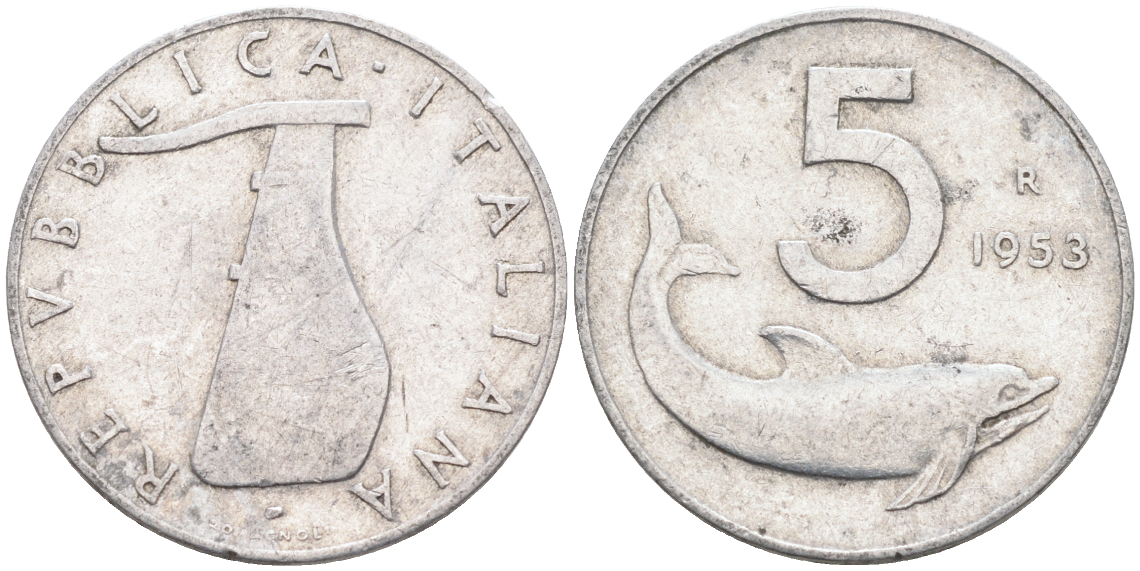 Италия 5 лир 1953 R, дельфин, плуг KM 92 алюминий 4588-421