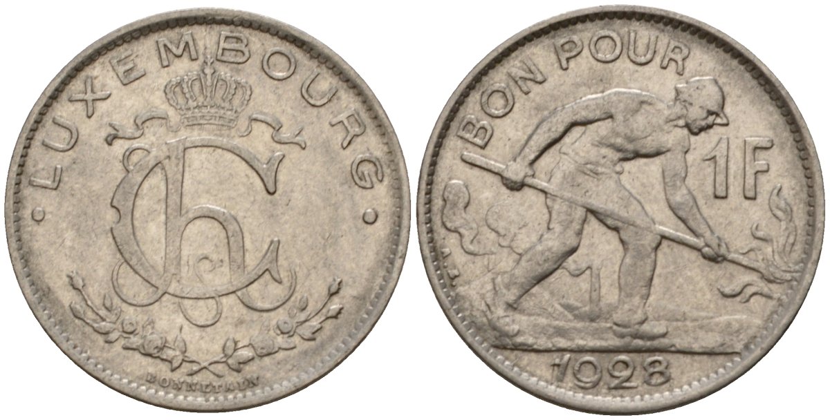 Люксембург 1 франк 1928 сталевар, Шарлотта (1918-1964) KM 35 никель 4603-1047