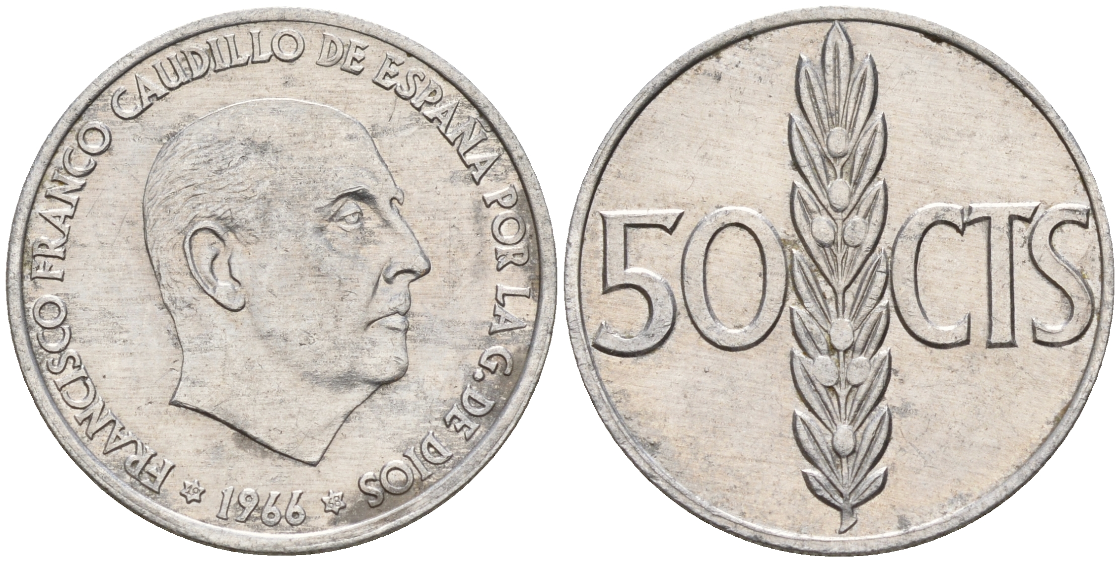 Испания 50 сентаво 1966 (68) Франсиско Франко (1939-1975) KM 795 алюминий    4160-1254