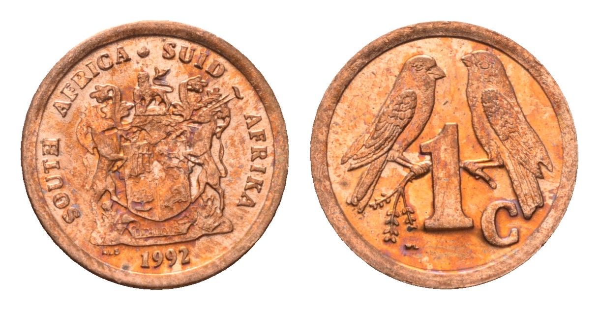 ЮАР 1 цент 1992 герб, капские воробьи KM 132 сталь плакированная медью UNC 4694-114