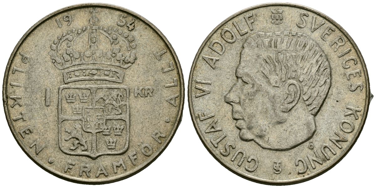 Швеция 1 крона 1954 TS, Густав VI Адольф (1950-1973) KM 826 серебро 4177-957
