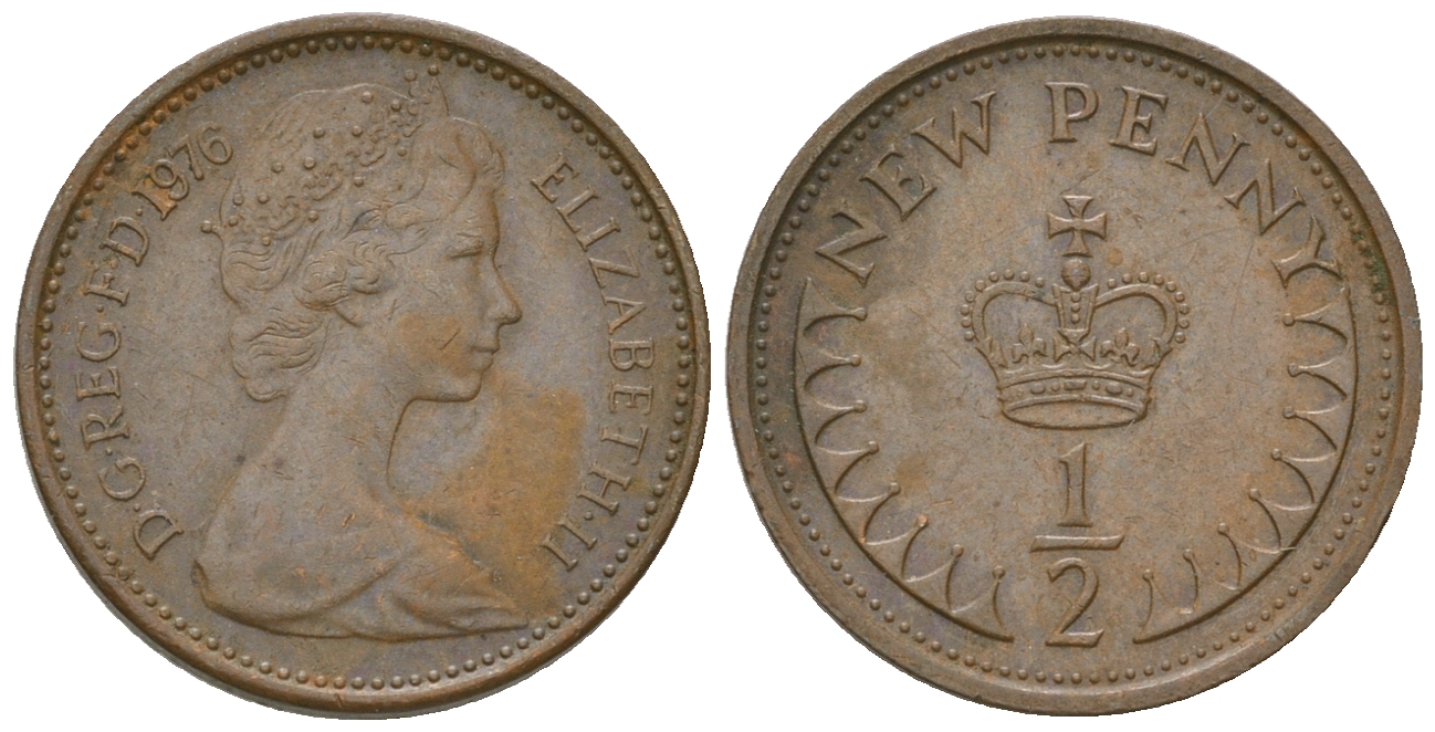 Великобритания 1/2 пенни 1976 Елизавета II (1952-2022) KM 914, Spink 4239 бронза 3458-1267