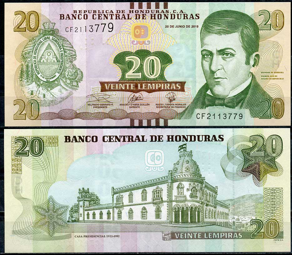 Гондурас 20 лемпира 2019 Дионисио Эррера, старый президентский дворец Pick 100 d  бумага  UNC (пресс) 447-107-2