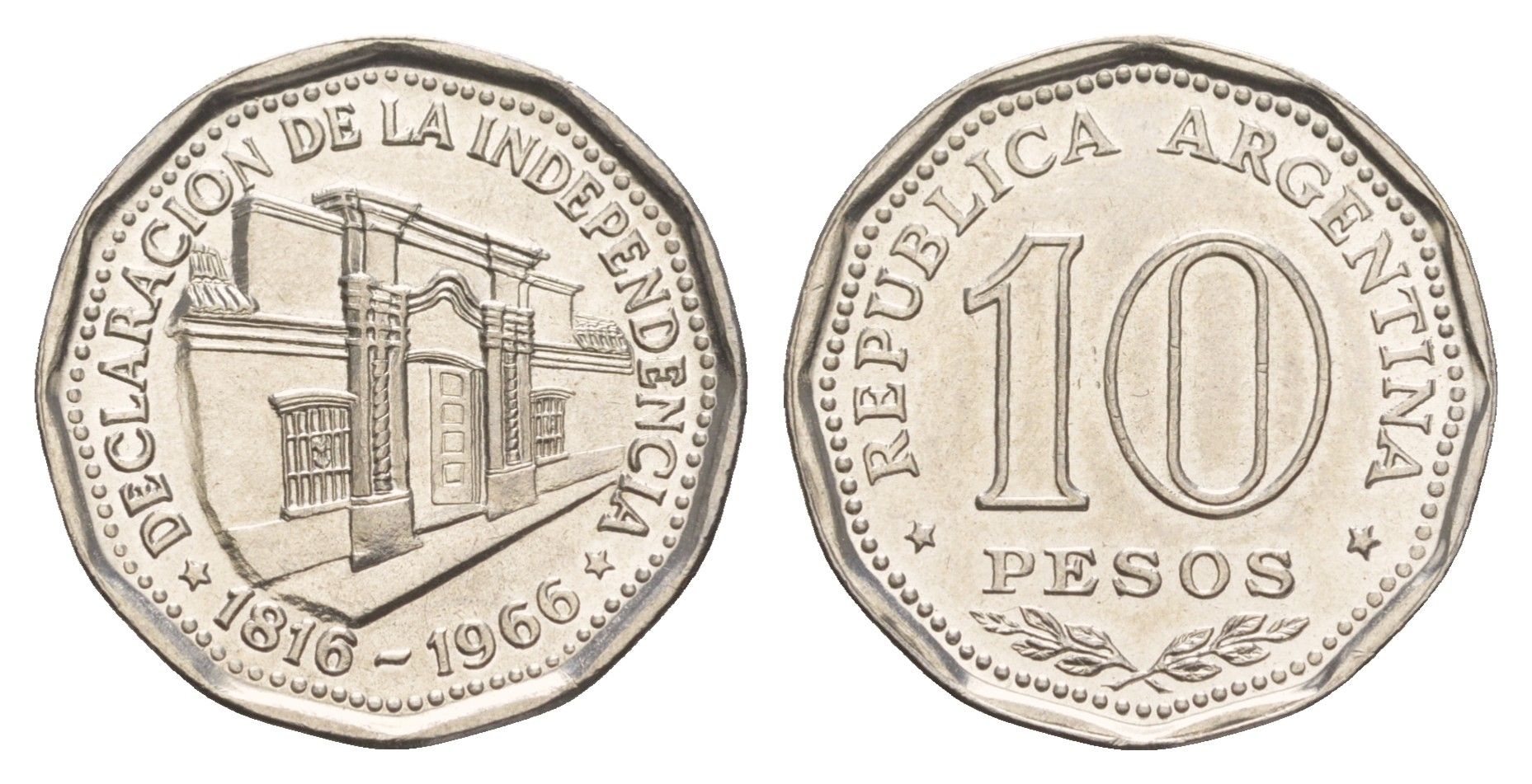 Аргентина 10 песо 1966 150 лет Декларации о Независимости KM 62 сталь плакированная никелем 4654-716