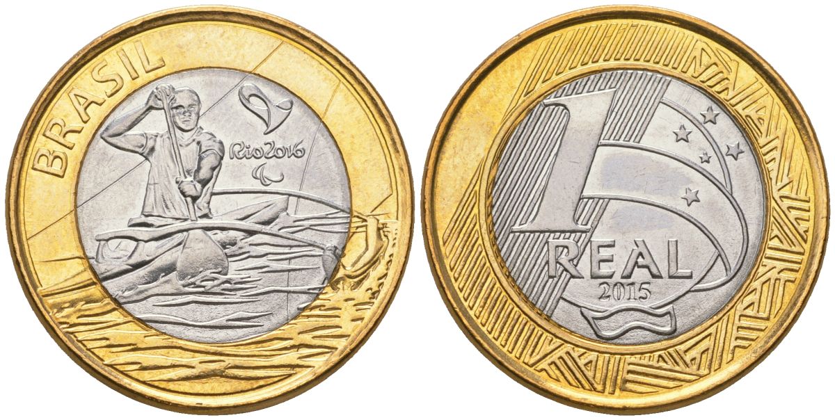 Бразилия 1 реал 2015 XV летние Паралимпийские игры, Рио-де-Жанейро 2016 - Параканоэ KM 706 биметалл UNC 4140-116