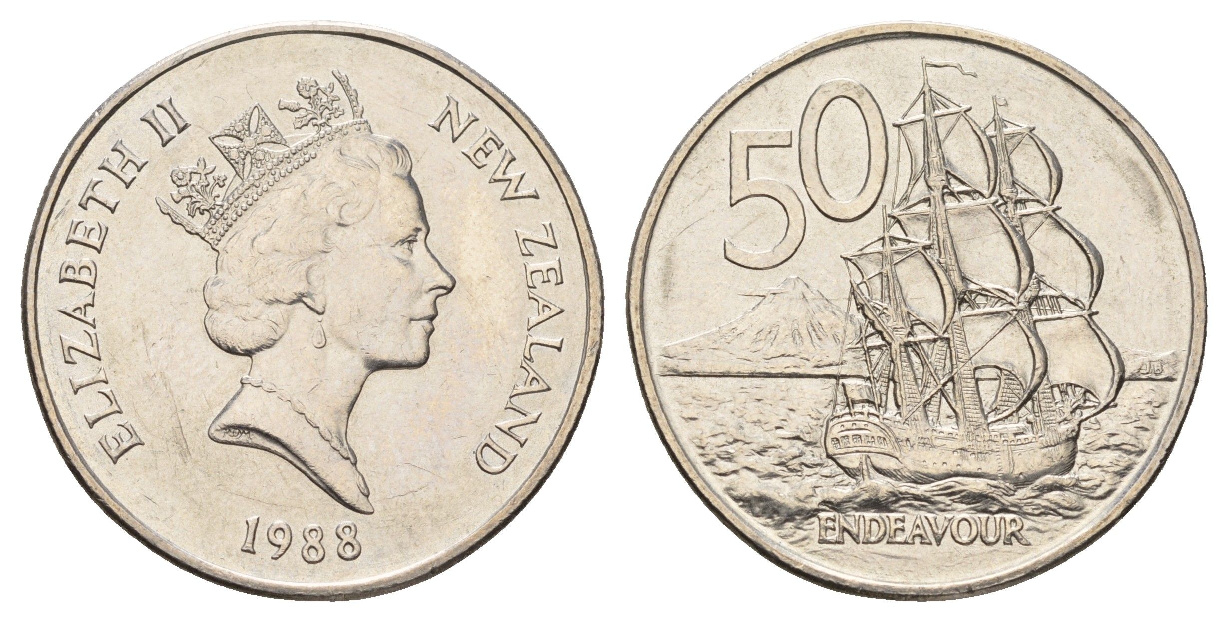 Новая Зеландия 50 центов 1988 Елизавета II (1952-2022), парусник Индевор KM 63 медно-никель 4672-323