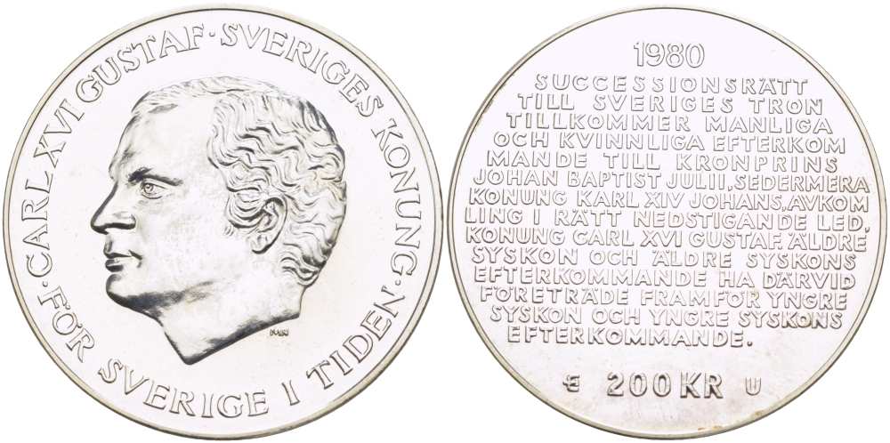 Швеция 200 крон 1980 U, Карл XVI Густав (1973- ), шведский королевский свод законов о престолонаследии KM 860 серебро PROOFLIKE 1069-10-23