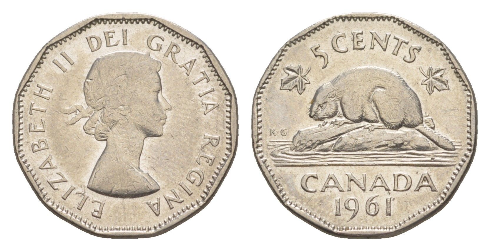 Канада 5 центов 1961 Елизавета II (1952-2022), бобр KM 50a никель 4636-562