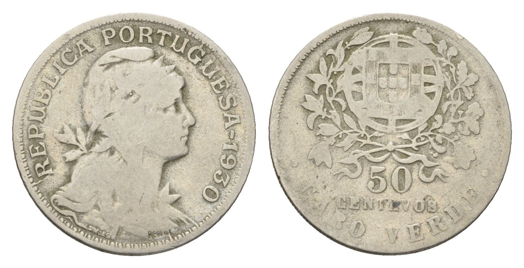 Португалия 50 сентаво 1930 голова Свободы вправо KM 577 никель латунь 4660-945