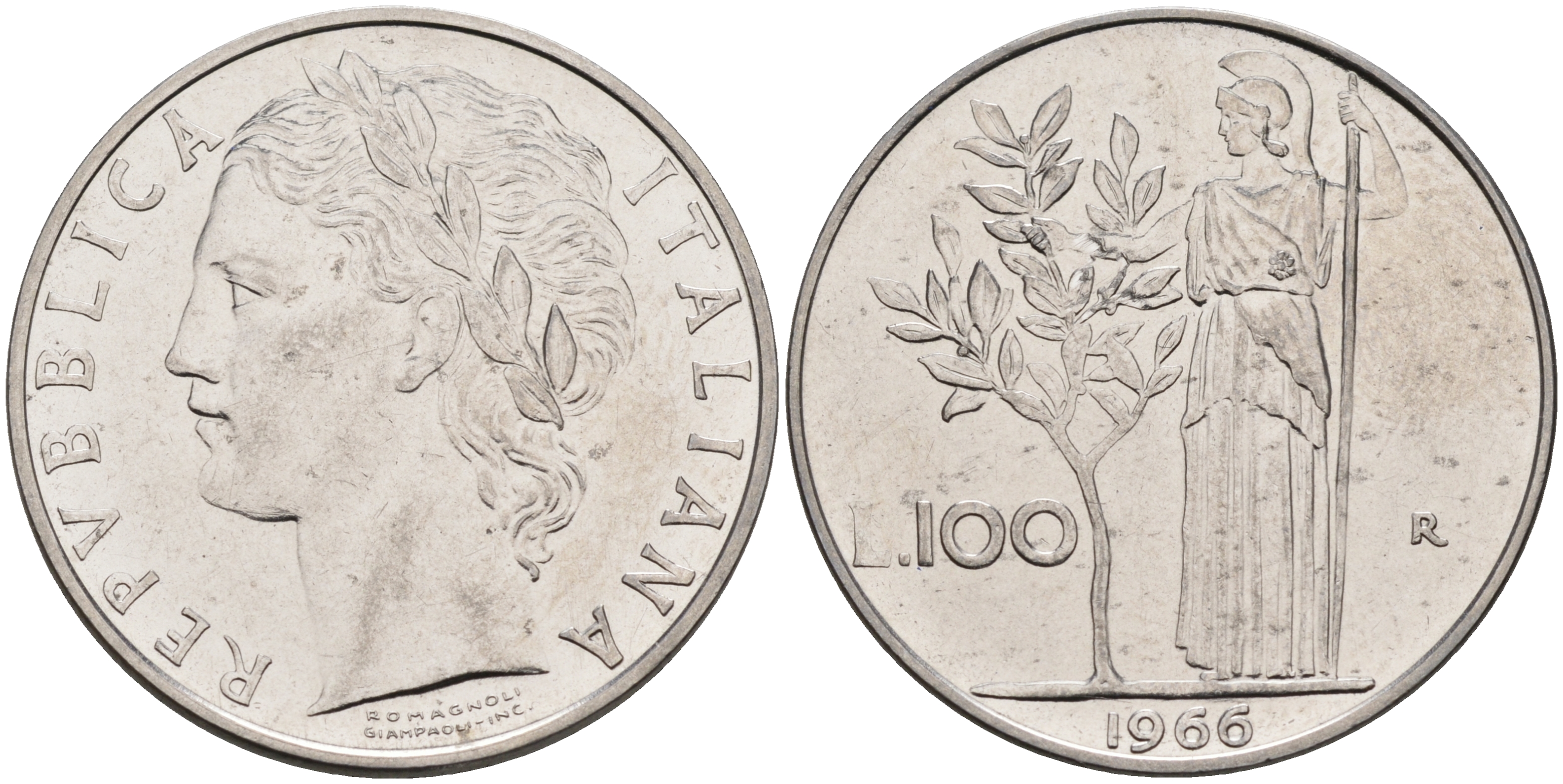 Италия 100 лир 1966 R, Афина KM 96.1 нержавеющая сталь 4117-325