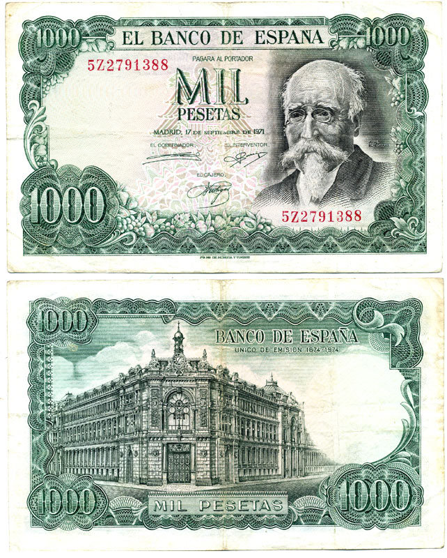 Испания 1000 песет 1971 (1974) Хосе Эчегерай-и-Эйсагирре, 100 лет со дня того, как Banco de España стал единственным банком-эмитентом (1874–1974) Pick 154 бумага 7484-28-2