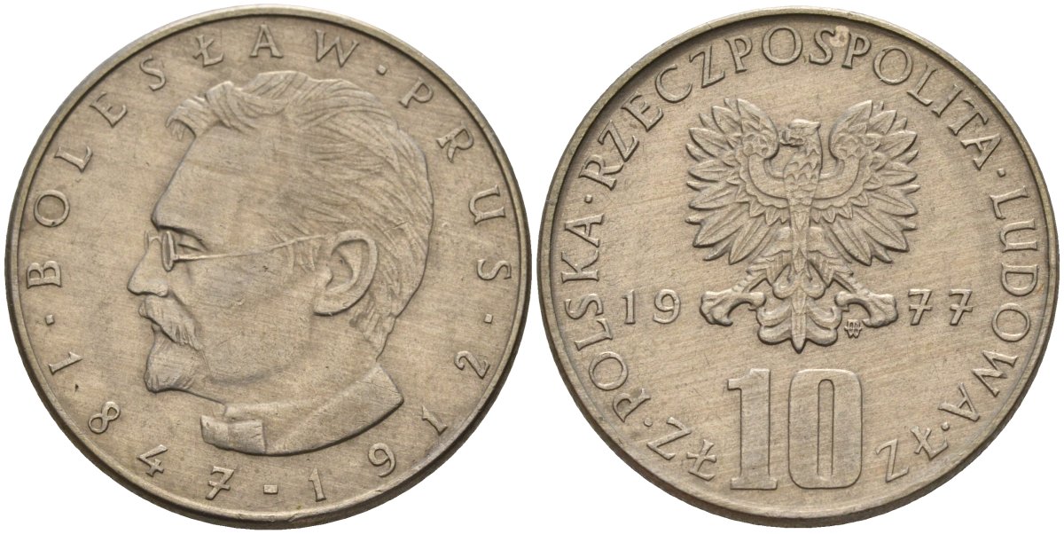 Польша 10 злотых 1977 MW, Болеслав Прус KM 73 медно-никель 4141-333