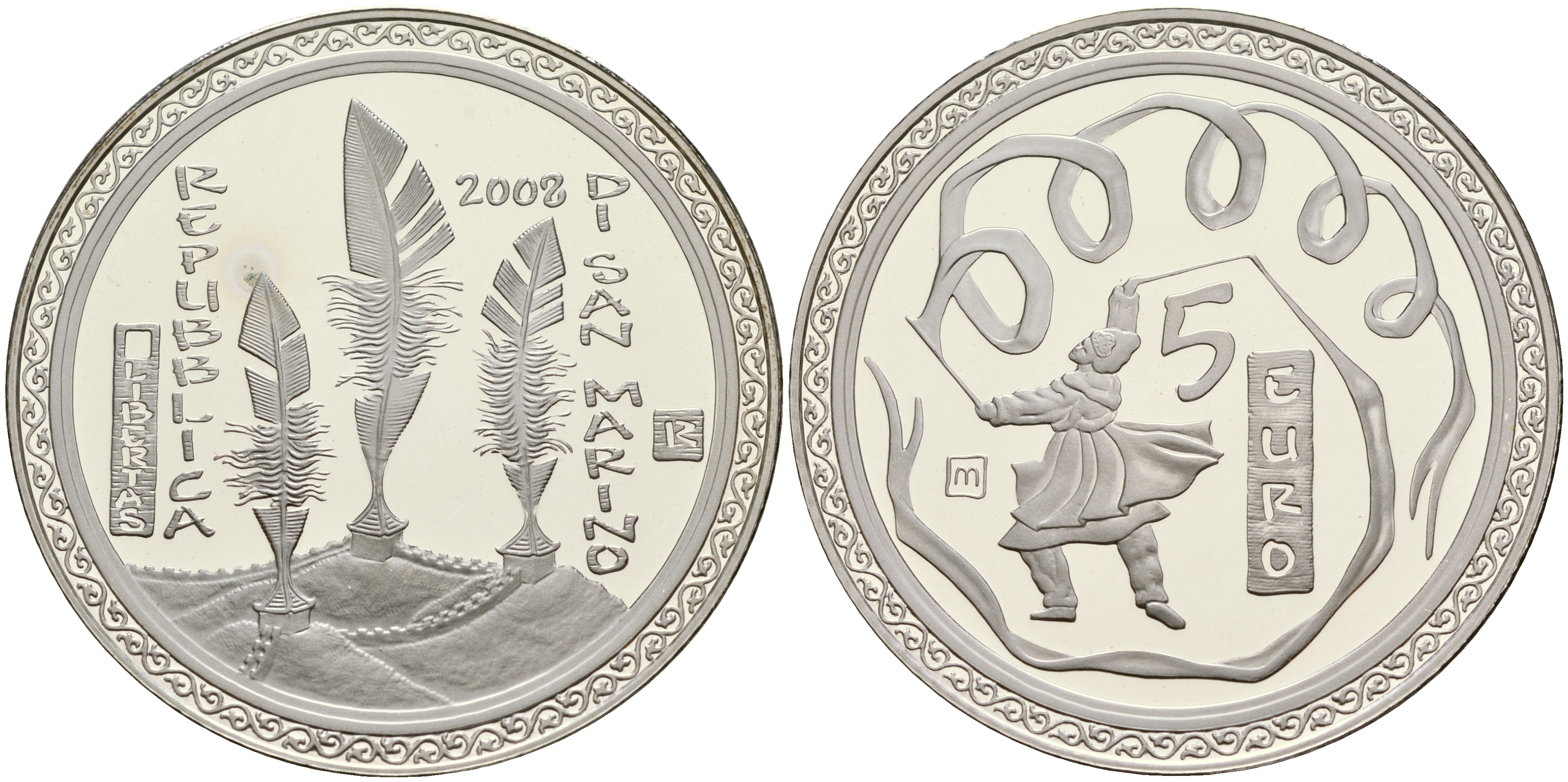 Сан-Марино 5 евро 2008 Олимпиада в Пекине, танец с лентами, в коробке с сертификатом KM 513 серебро PROOF 2-5-2-8