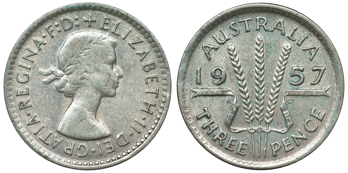 Австралия 3 пенса 1957 m, Елизавета II (1953-) KM 57 серебро 71-535