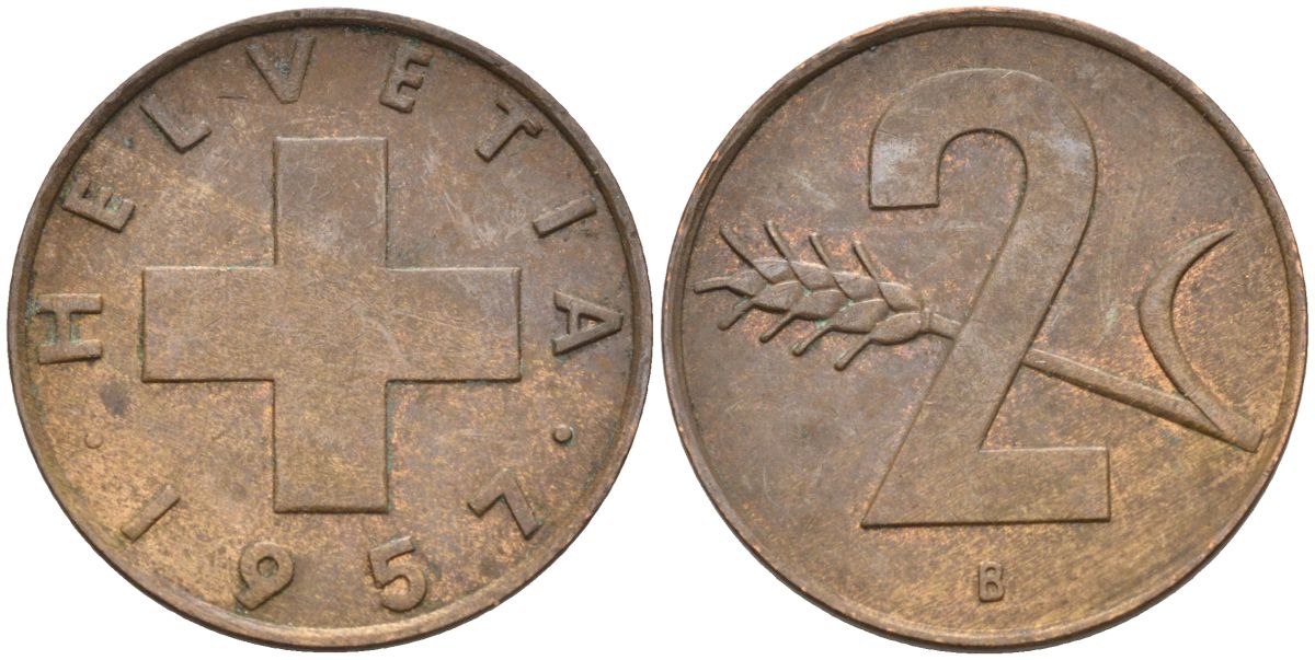 Швейцария 2 раппена 1957 В KM 47 бронза 4591-1133
