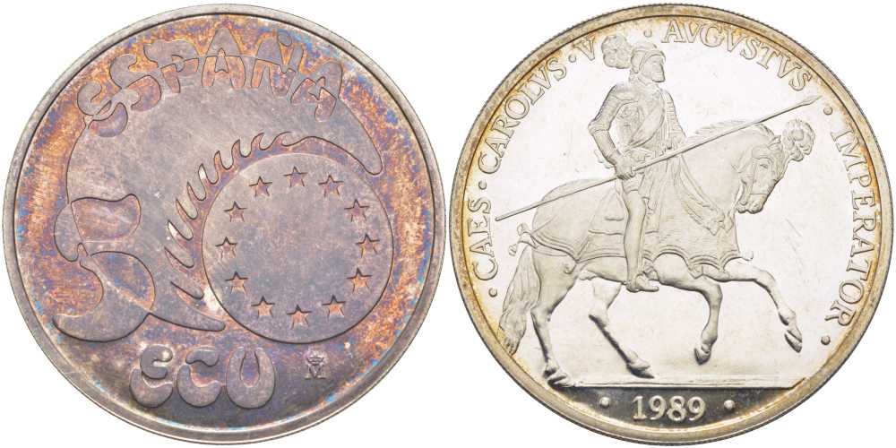 Испания 5 экю 1989 Карл V, Император Священной Римской Империи, в оригинальной деревянной коробке, с сертификатом  серебро  PROOF  00-00