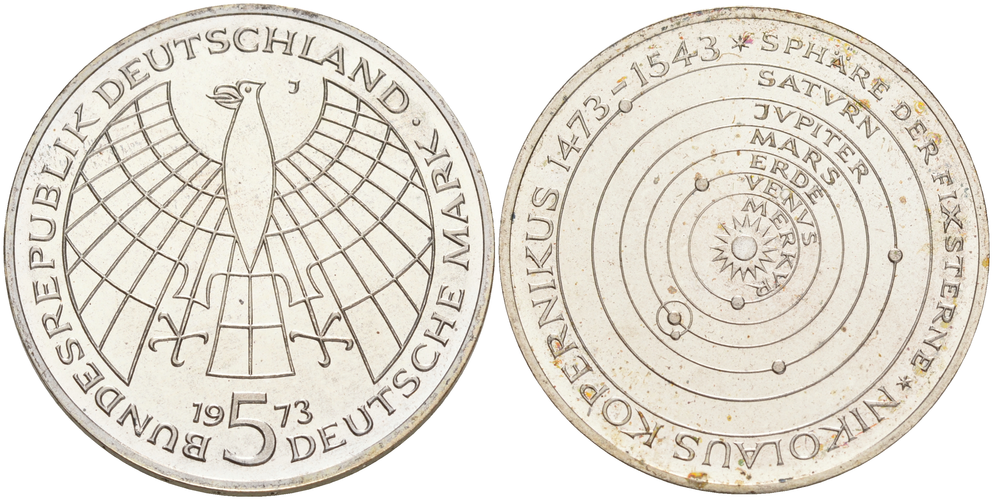 ФРГ 5 марок 1973 J, 500 лет со дня рождения Николая Коперника KM 136, J. 411 серебро PROOF 02-251-53