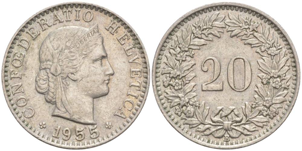 ШВЕЙЦАРИЯ 20 РАППЕНОВ 1955 В KM 29a медно-никель 55-733