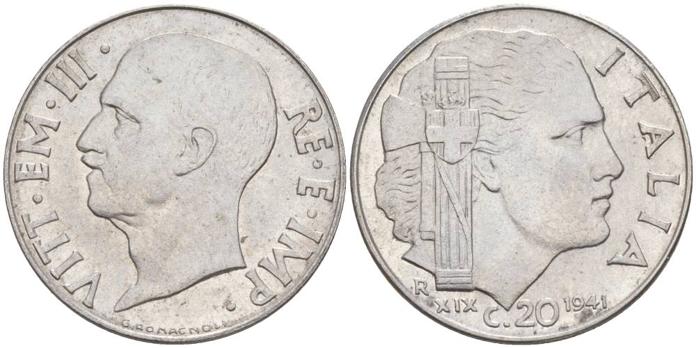 ИТАЛИЯ 20 ЧЕНТЕЗИМО 1941 R, ГОД XIX, ВИКТОР ЭММАНУИЛ III (1900-1946) KM 75b, VEM3. 1028 нержавеющая сталь 3853-941