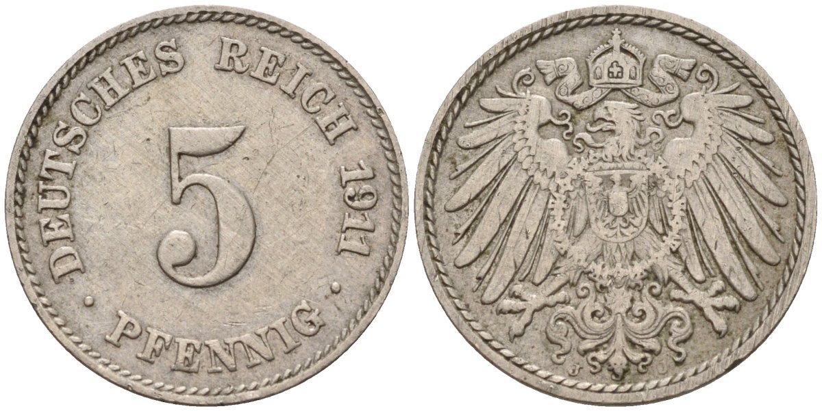 Германия 5 пфеннигов 1911 J KM 11, Jager 12, Weege 6 медно-никель 4151-527