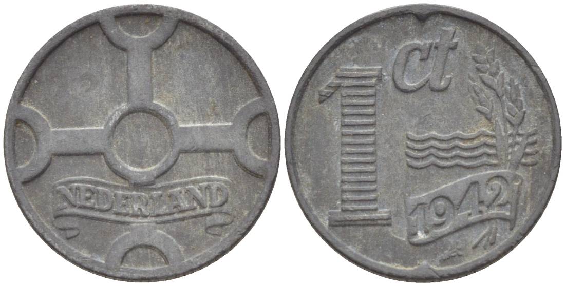 НИДЕРЛАНДЫ 1 ЦЕНТ 1942 ВИЛЬГЕЛЬМИНА I (1891-1948), ГЕРМАНСКАЯ ОККУПАЦИЯ, ВТОРАЯ МИРОВАЯ ВОЙНА KM 170 цинк 4532-1141