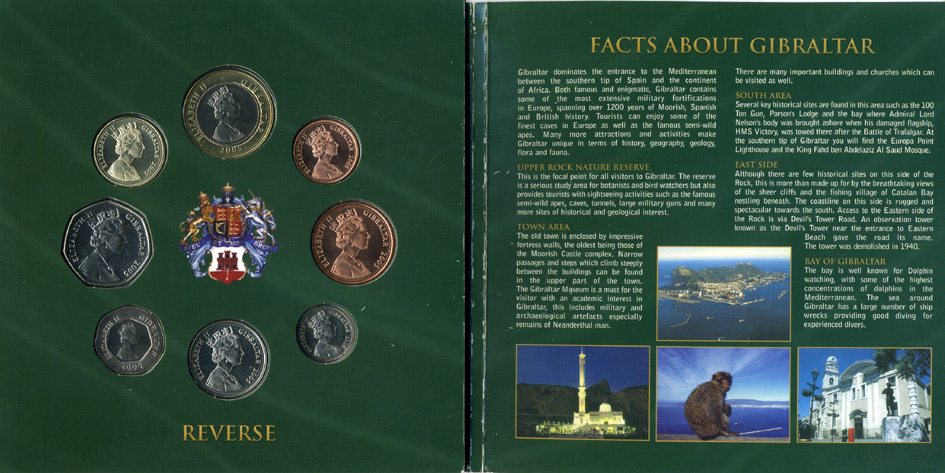 Гибралтар набор из 8 монет плюс жетон 2005 официальный набор, в оригинальном картонном буклете UNC 1-4-2-35