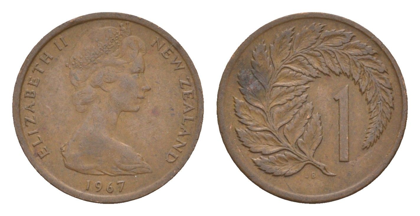 Новая Зеландия 1 цент 1967 Елизавета II (1952-2022), лист папоротника KM 31.1 бронза 4655-1131