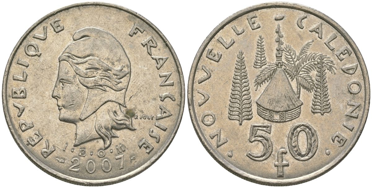 Французская Новая Каледония 50 франков 2007 хижина среди сосен и пальм, (IEOM) KM 13a, Schoen 15a, Lec 128i медно-никель 114-215