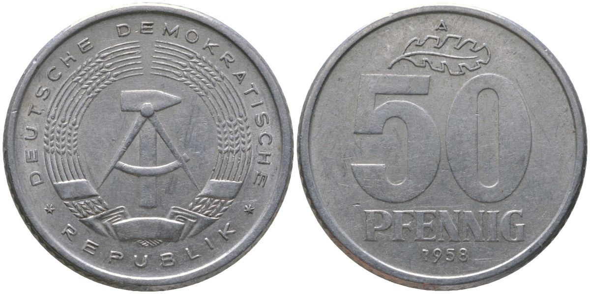 ГДР 50 пфеннигов 1958 A KM 12.1 алюминий 186-954