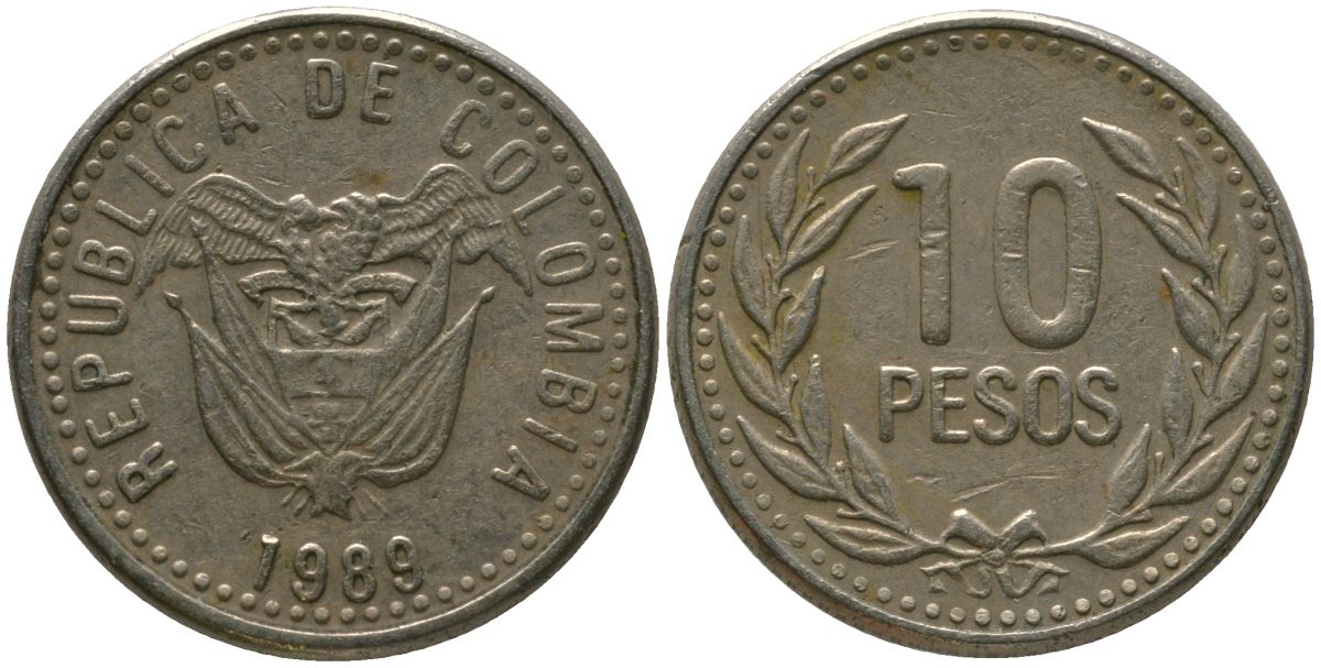 Колумбия 10 песо 1989 KM 281.1 медь цинк никель 4528-815