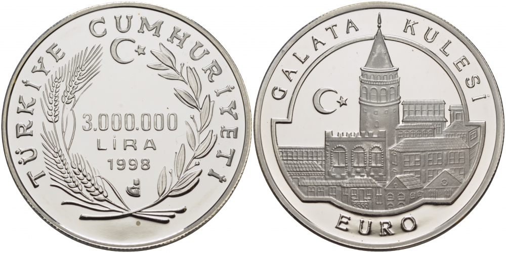 Турция 3000000 лир 1998 Галатская башня (Галата Кулеси), тираж 7843 экземпляра KM 1086 серебро PROOF 05-140-41