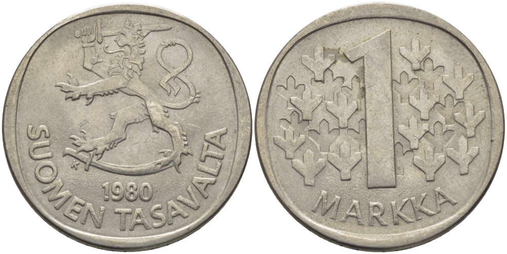 ФИНЛЯНДИЯ 1 МАРКА 1980 К KM 49а медно-никель 28-153