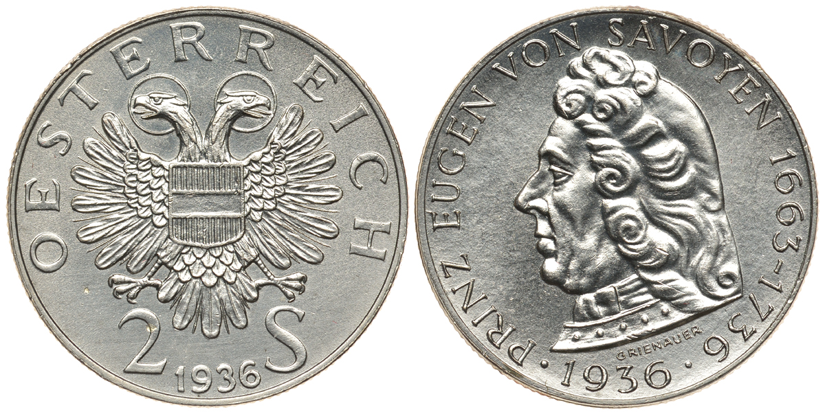 Австрия 2 шиллинга 1936 200 лет со дня смерти принца Евгения Савойского KM 2858 серебро 413-6631