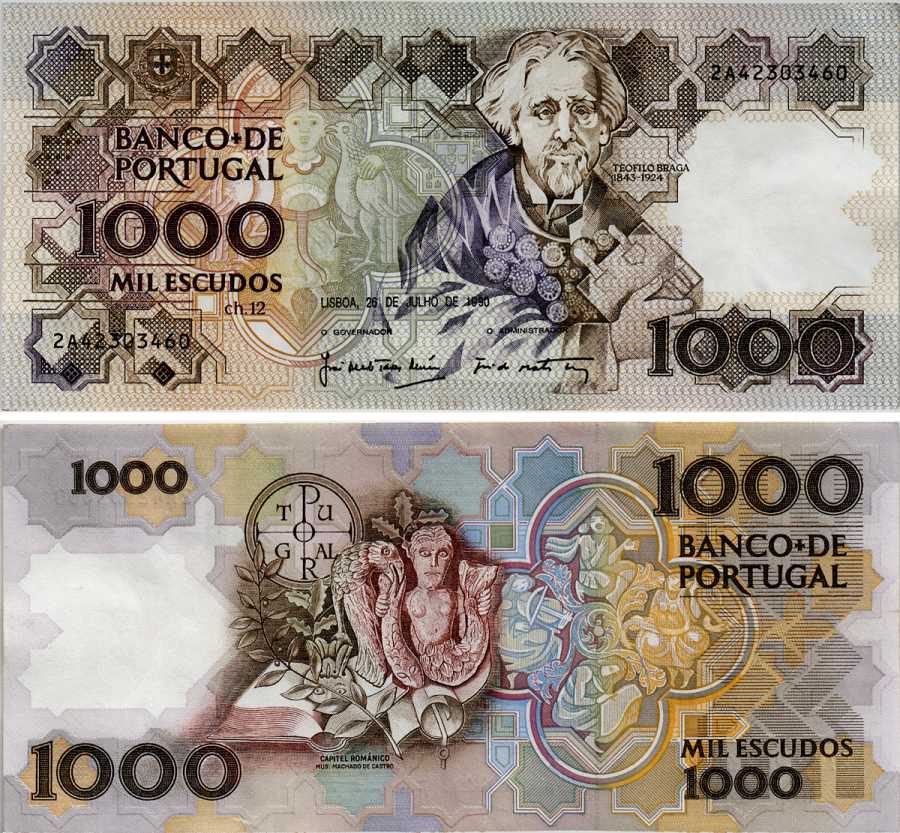 ПОРТУГАЛИЯ 1000 ЭСКУДО 1990 26 ИЮЛЯ 1990, ТЕОФИЛ БРАГА, МУЗЕЙНЫЙ АРТЕФАКТЫ Pick 181g бумага 6281-32-1-1