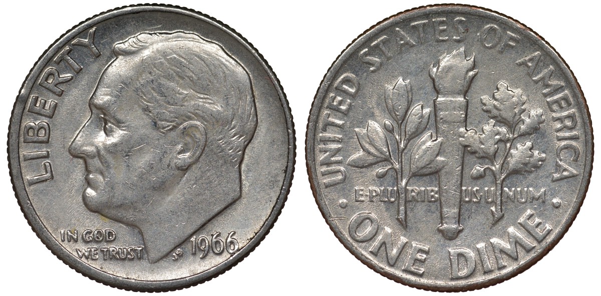 США 10 центов = дайм 1966 Рузвельт KM 195а медь плакированная медно-никелем 4124-435